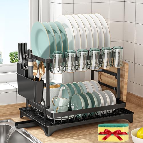XLMYS Dish Drying Rack, 2 Tier Large Dish Drying Rack for Kitchen Counter with Drainboard Stainless Steel Dish Drainer for Dish/Knifes/Cup/Cutting Board, Black