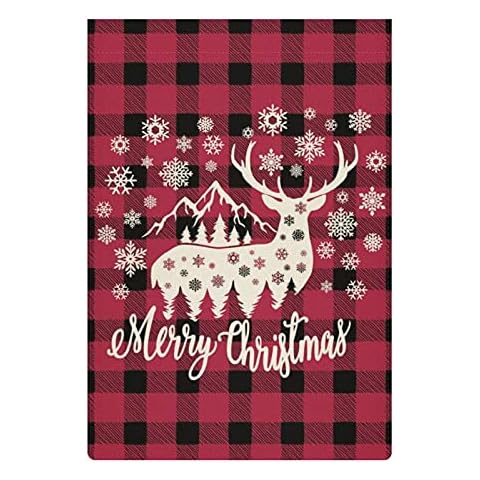 YongColer Merry Christmas Garden Flag, Farmhouse Red Black Buffalo Plaid Checkered Xmas Deer House Flag Banners for Patio Lawn Outdoor Home Decor, 12.5x18.5 inches Cover