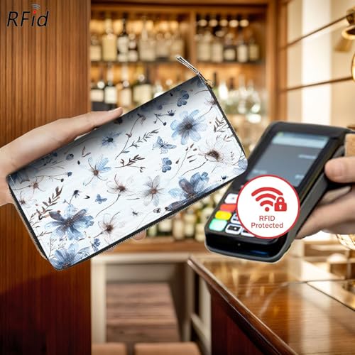 Bxgolkgd Womens Wallet, RFID Blocking Leather Wallet,Large Capacity Wallet Credit Card Holder PU Leather Ladies Clutch with Zipper Coin Pocket - Blue White Floral3
