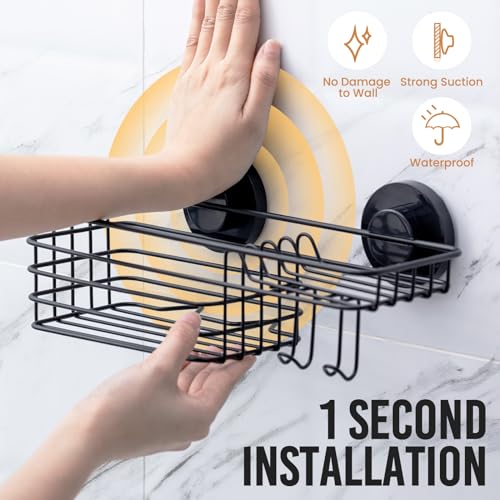 Image of LEVERLOC Suction Cup Shower Caddy, Black Bathroom Shelf Shower Organizer With Hook And Soap Holder, No Drill Bathroom Caddy