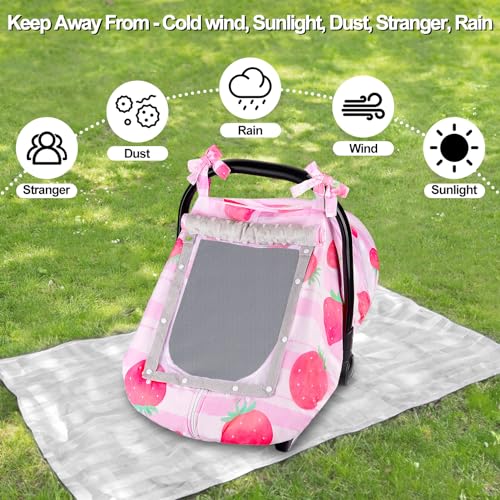 Image of FIOBEE Baby Car Seat Cover, Car Seat Covers for Babies Infant Car Seat Canopy with Breathable Mesh Window Waterproof Carseat Cover for Babies Boy Girl 4 Seasons