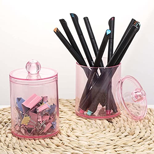 Image of Tbestmax 2 Pack Qtip Holder Bathroom Jars Canisters for Cotton Ball Swab Pad Storage Dispenzer, Pink 10-Ounce