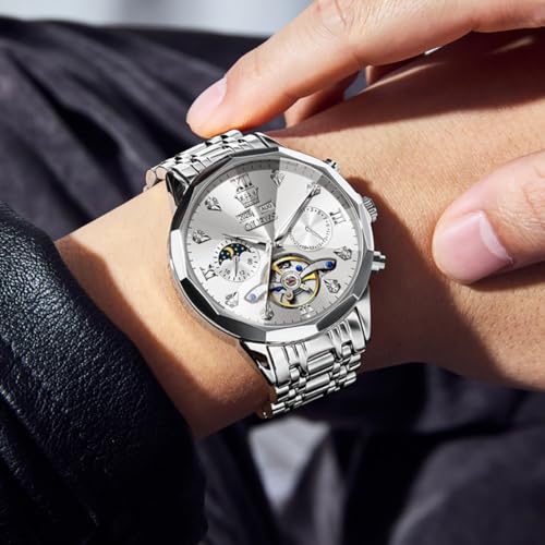 Image of OLEVS Automatic Men Watch Self Winding Mechanical Moon Phase Business Luxury Diamond Dress Stainless Steel Waterproof Luminous Mens Wrist Watch