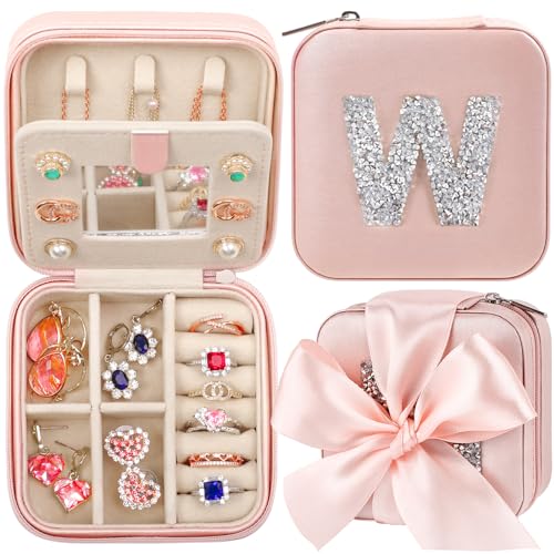 CHMI Travel Must Have Jewelry Case,bridesmaids proposal gifts,Travel Jewelry Case,Graduation Gifts for Her,Small Jewelry Organizer Box,Birthday Gifts for Women Initial pink W