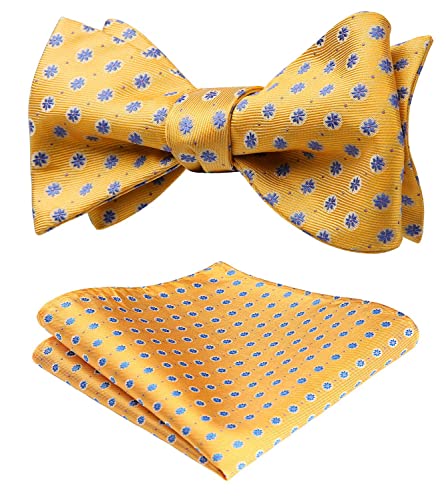 HISDERN SetSense Men's Floral Jacquard Wedding Party Self Bow Tie Pocket Square Set ,K909 Yellow / Blue,One Size