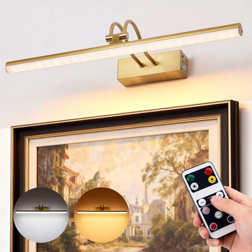 Image of Picture Light,5000mAh Battery Operated Wall Sconce,2Pack Art Light,Brass | 16inch Photo Lights for Wall,Remote Timer and Dimmer Gallery Light,Metal Painting Light for Portrait Display Frame