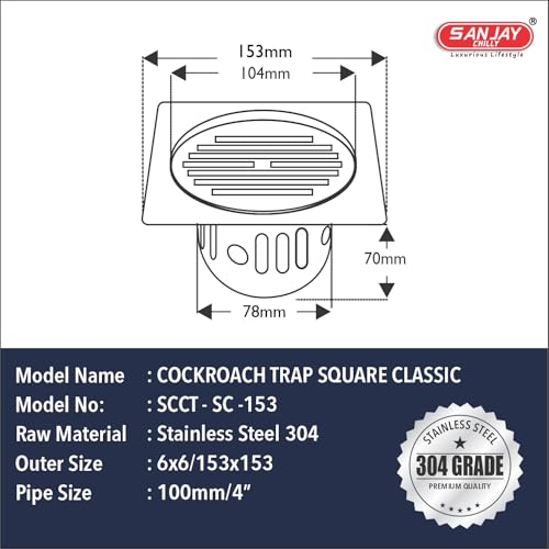Image of Floor Drain with Cockroach Trap Cover Jali Stainless Steel 304 Grade Bathroom Gratings Waste Water Drainer Strainer Washbasin Sink Bathtub Toilet Anti Odor (Square Classic 6x6 INCH)