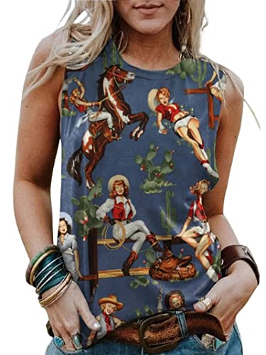 Western Cactus Horse Tank top Cactus Shirts for Women Desert Horse Graphic Casual Cowgirl Round collar Vintage Vest top, Navy Blue, Large