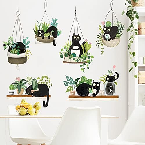 Green Potted Plant Cactus Wall Decal Cute Black Cat Stickers, Creative Tropical Bonsai Flower Cactus Wallpaper, Removable Animal Art Mural for Bedroom Kitchen Nursery Home Decoration (B)