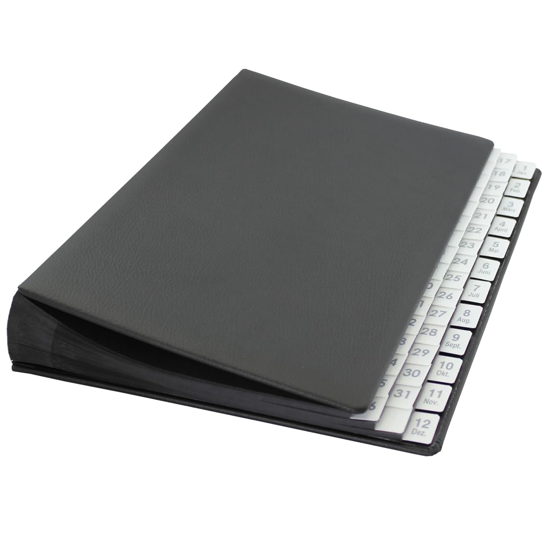 Raccoglitore con registro 1-31 plus 1-12 (gen-dic) in pelle bovina grana nera, adatto per DIN A4, copertina morbida con dorso elastico
