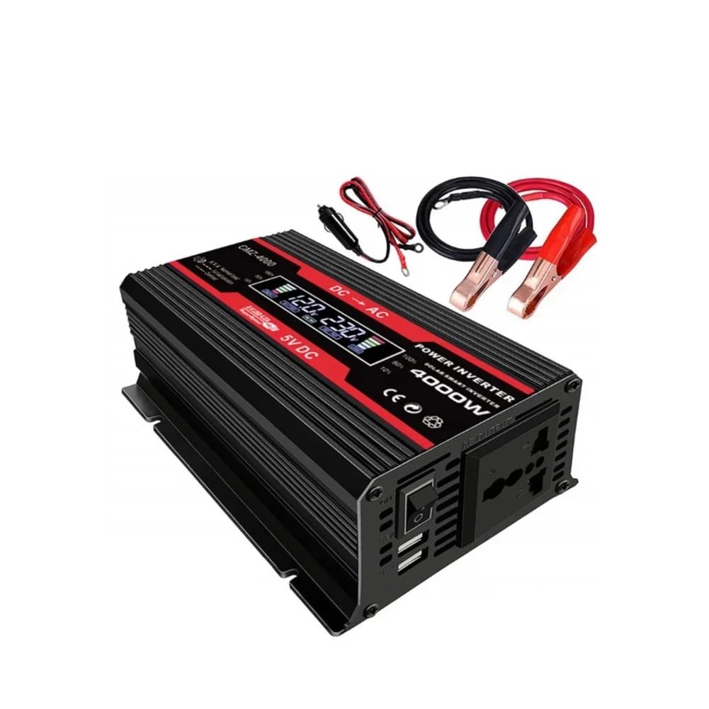 Przetwornica napięcia, Falownik solarny 4000 W DC 12 V do AC V/V Modyfikowany czysty sinusoidalny przetwornik napięcia Transformator samochodowy Do samochodu, kempingu, podróży(Nero)