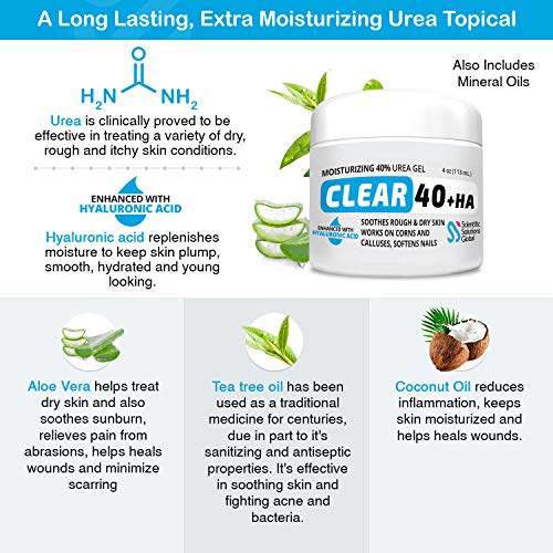 Clear 40 Ha, 40% Urea Gel, 1% Hyaluronic Acid, 4 Oz W/Tea Tree & Coconut Oil, Aloe Vera, Callus & Corn Remover Softens Cracked Heels, Feet, Elbows, Hands, Nails, Superior Hydration To Urea Creams #TOP2
