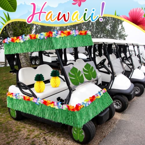 Image of WinnerWhy 29 Pcs Summer Tropical Golf Cart Parade Decorations Tropical Flower Leis Tinsel Garland Grass Fringe Banner Inflatable Flamingo Tube Paper Pineapples Leaves for Luau Party Supplies