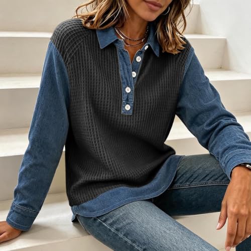 Waffle Tops for Women Denim Patchwork Collared Button Fall Shirts - image 3