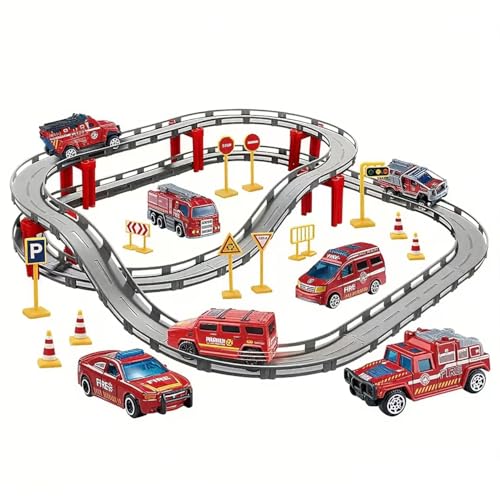 BASAMOU Circuit Voiture Electrique Enfant 3 4 5 6 7 8 9 Ans, Jouet Train Électrique Enfant Piste de Course, Jeux Véhicules Garçon Fille Cadeau d'anniversaire Noël (avec 4 Voitures Aléatoires) (Rouge)