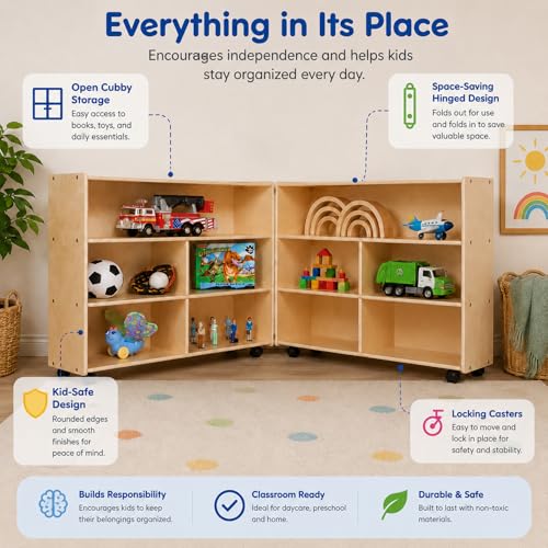 Contender Extra Large Folding Mobile Storage Organizer for Daycare Classroom Preschool, Wood Furniture on Rolling Casters with 4 Shelves for Toys, Puzzles, Books by Contender - Image 3