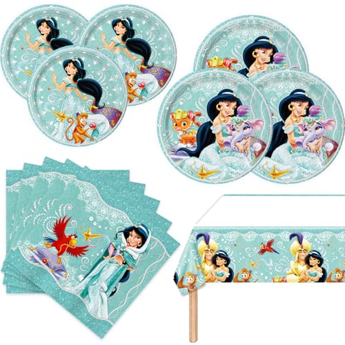 41PCS For Princess Jasmine Party Supplies Set Birthday Decorations Tableware Kit With 10 7 Plates 10 9 Plates 20 Napkins and 1 Tablecover for Party Decoration (BLUE8)