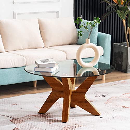 Ivinta Round Glass Coffee Table For Living Room, 31.5 In Mid Century Modern Accent Tea Table, Farmhouse Coffee Table With Natural Wood Frame And Tempered Glass Top (Rustic Brown, Clear) #TOP1