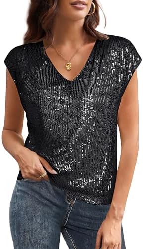 GRACE KARIN V Neck Sequin Short Sleeve Tops for Women Elastic Spa...