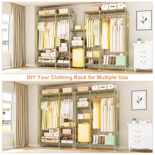 Ulif F4 Heavy Duty Clothes Rack (With Hanger Rod) Freestanding Clothing Racks for Hanging Clothes，Adjustable Closet Organizer System, Portable Garment Rack 45\"W x 15.8\"D x 71.3\"H,Max Load 600LBS, Gold - Thumbnail 4