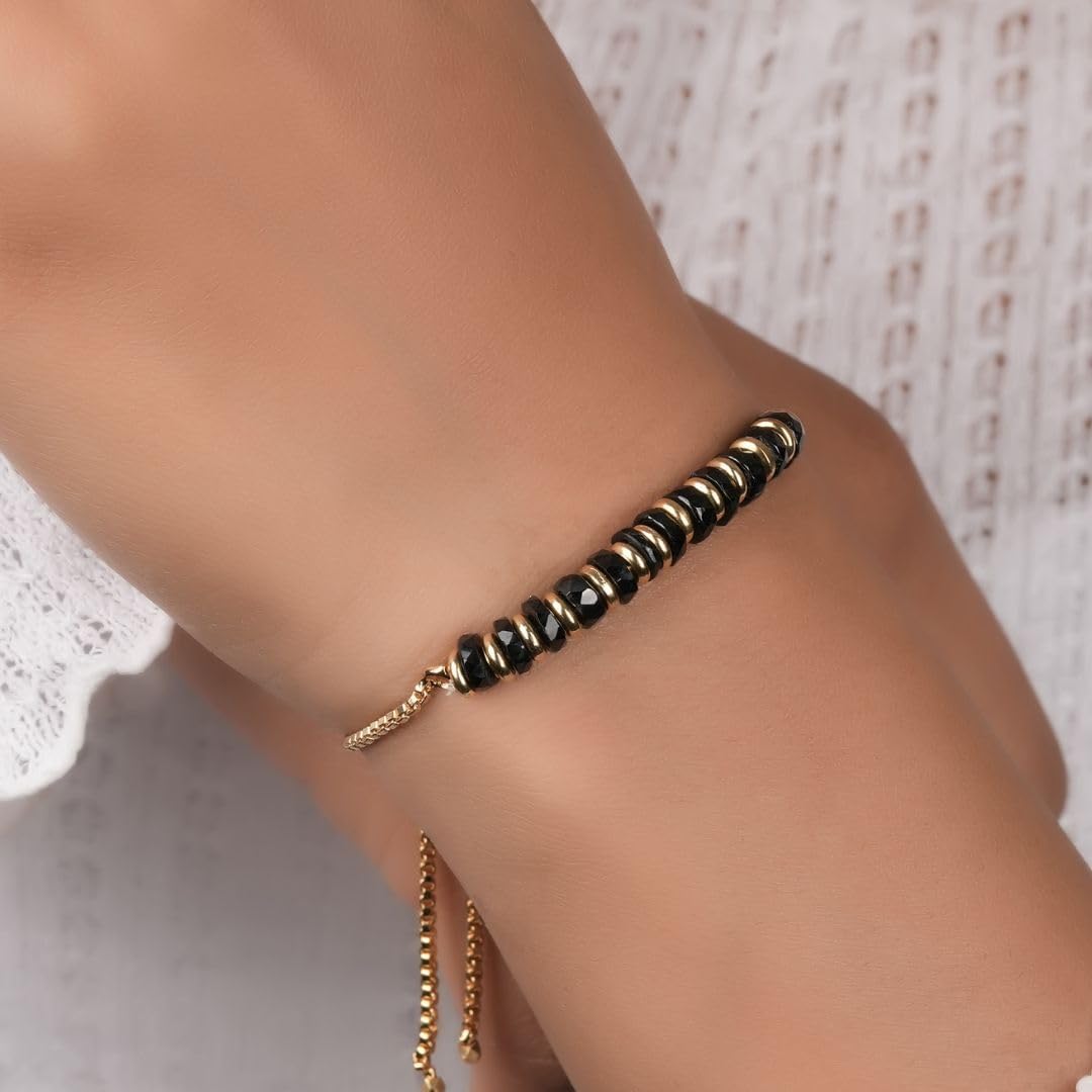 Natural Heishi Beads With Spacers Slider Bracelet Gemstone Healing Jewelry With 14k Yellow Gold Plated 8- Inch Adjustable Length - Image 3