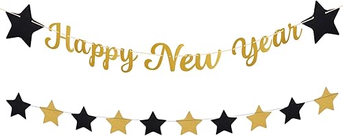 Cartel dorado de Feliz Año Nuevo, 10 pies con purpurina de Año Nuevo, guirnalda de estrellas para fiesta de Año Nuevo, suministros de fiesta 2024 No