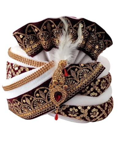 Image of BookMyCostume Dulha & Royal Wedding Turban Collection - Premium Silk, Velvet, Zari Work Safa with Kalgi & Brooch - Traditional Indian Dulha Pagdi /Sehra Perfect for Weddings & Role Plays for Men & Kids