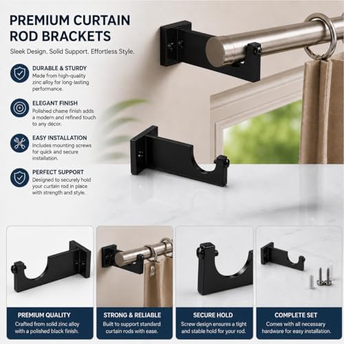 Image of Elite Aluminum Curtain Rod Brackets - Heavy-Duty Wall Mount Clamps for Curtain Rod Support for Door and Window Curtain Rods with Screw and Wall Plug - Pack of 2PCS (Curve Black)