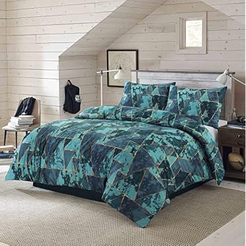 HBS Ltd Geometric Triangle Marble Reversible Printed Easycare Duvet Cover and Pillowcase Bedding Set (Single, Teal) Cover