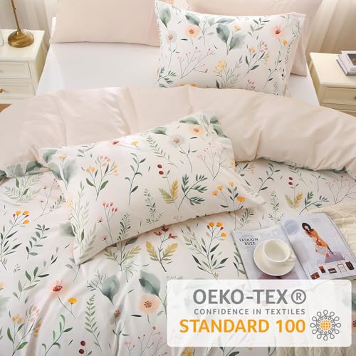 MUXHOMO Duvet Cover Queen Size, Reversible Floral Vintage Duvet Cover Set with Zipper Closure, 3 Pieces Botanical Patterns Soft Microfiber Bedding Set (90"x90", 2 Pillow Cases, Garden Leaves Beige)
