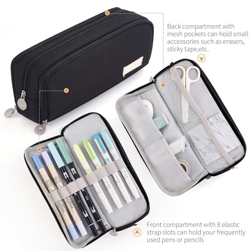 Image of Polyester Pencil Case Large Pencil Cases for Girls Boys Big Capacity Pencil Pouch with 3 Compartments School Stationary Kids College Students Office Aesthetic Pencil Pouch (Black)