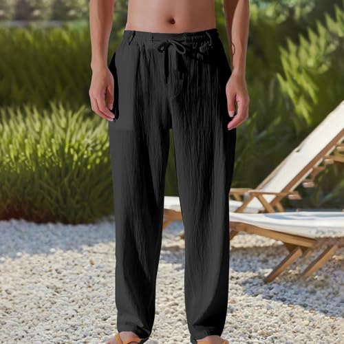 Men's Linen Pants Beach Casual Cotton Lightweight Straight Leg Pant Drawstring Elastic Waist Trousers with Pockets2