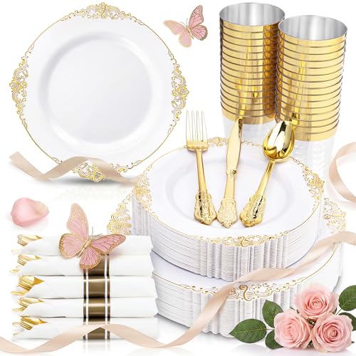 Nervure 350Pcs Gold Plastic Dinnerware Sets For 50 Guests