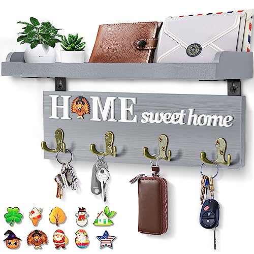Toosci Key And Mail Holder For Wall, Mail Organizer And Key Holder With Tray, Wall Key Rack With 4 Dual Key Holder, Solid Wood Key Holder For Country Home Decor, For Entryway And Offices (Gray) #TOP7