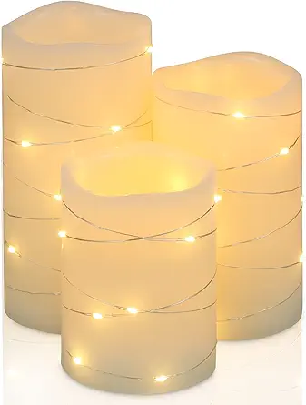 H-BLOSSOM Flickering Flameless Candles Ivory Real Wax Pillar with Embedded String Lights LED Candles Battery Operated with Cycling 5H Timer Set of 3 (3" x 4"/5"/6") (Ivory)