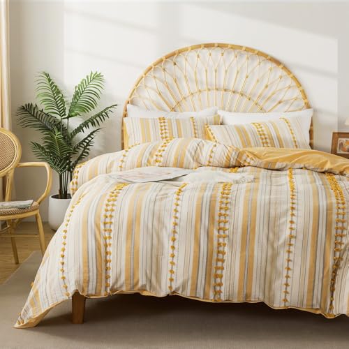 La Sheer Washed Cotton King Size Duvet Cover Set - Tufted Dots Boho Chic Bedding for All Seasons, Striped Pom Pom Bedding Linen Like Textured Breathable Durable Soft Comfy (Yellow, 104x90'')