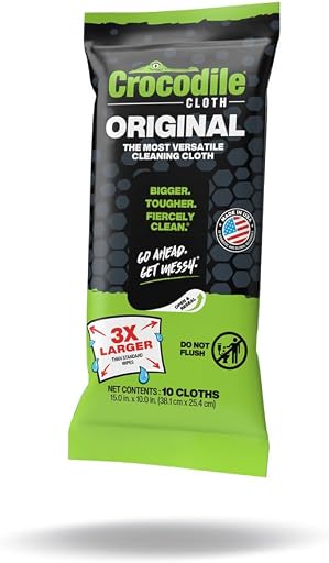 Crocodile Cloth Original Heavy-Duty Hand & Tool Wipes, 10 Count | Multi-Surface, Water-Based, Safe on Skin, 15" x 10"