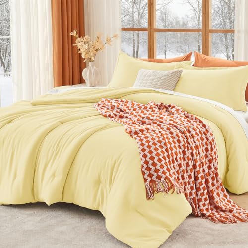 Image of MUXHOMO Oversized King Comforter Set, Lightweight Down Alternative Bed Set | All Season 3 Piece Bedding Set,Ultra Soft Down Alternative,Includes 1 Comforter 120x98 and 2 Pillow Shams 20x36,Cream Yellow