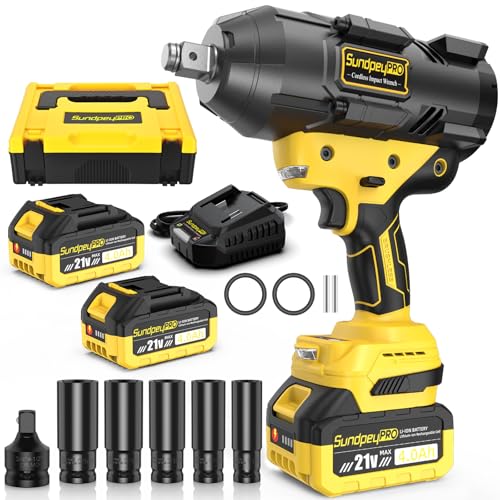 Pistola de Impacto Bateria 2100 Nm, 3/4" Llave de Impacto Brushless con 2 * 4000mAh Baterías & 5 Enchufes & Adaptador de 3/4" a 1/2", Destornillador de Impacto para Coche, Camión y Hogar, Amarillo