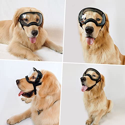 NAMSAN Hundebrille mit Weit Sichtfeld, UV-Schutz Große Hunde Sonnenbrille, Augen Schützen Klare Hund Schutzbrille mit Verstellbare Band und Schwammnasenpads