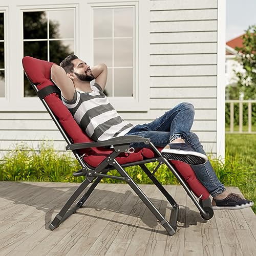 Image of UDPATIO Oversized Zero Gravity Chair Patio Reclining Chairs with Cushion | 33In Set of 2 Outdoor Folding Recliner with Pillows,Cup Holder, Foot Rest, Detachable Pad, Locking Burgundy-xxl