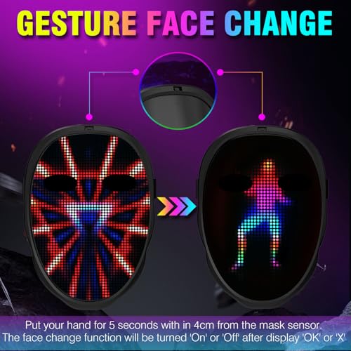 MEGOO Led Mask with Bluetooth Programmable App,Shining Led Light Up Face Mask for Adult Kid Halloween Masquerade Party