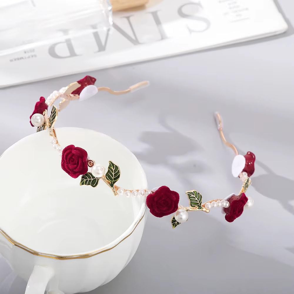 1Pcs Elegant Faux Pearl & Rose Flower Decorated Alloy Fashion Headband Women Holiday Wedding Bezel Headwear Hair Accessories Oranments - Random Color-image-36