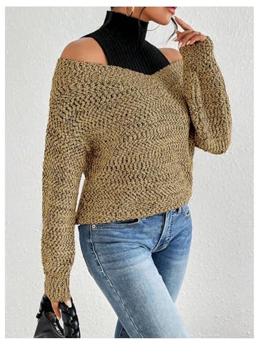 MakeMeChic Women's Fall Fashion 2025 Cold Shoulder Sweaters Long Sleeve Knitted Oversized Turtleneck Sweaters4