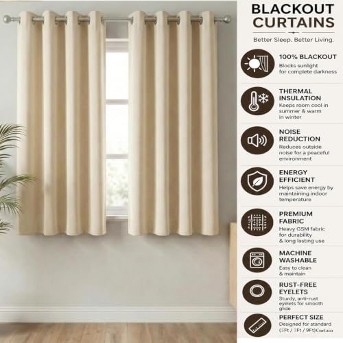 Image of Blackout Window Curtains, 100% Room Darkening | 5 Feet |Set of 2| Faux Silk Drapes| Thermal Insulated & Noise Reducing for Living Room and Bedroom|115cmx150cm, Color- Cream