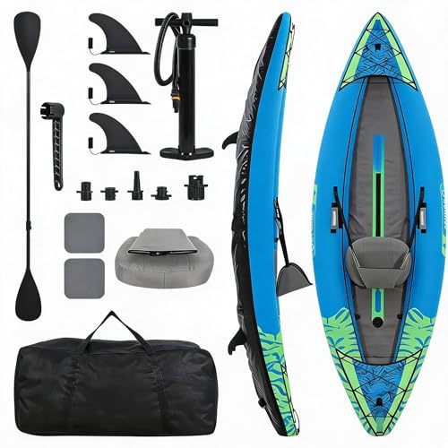 GarveeTech Versatile Inflatable Kayak – Comfortable Padded seat – 3 fins for Stability – Repair kit, Pump, and Bag Included – Ideal for Fishing and Water Recreation – 204 kg Capacity