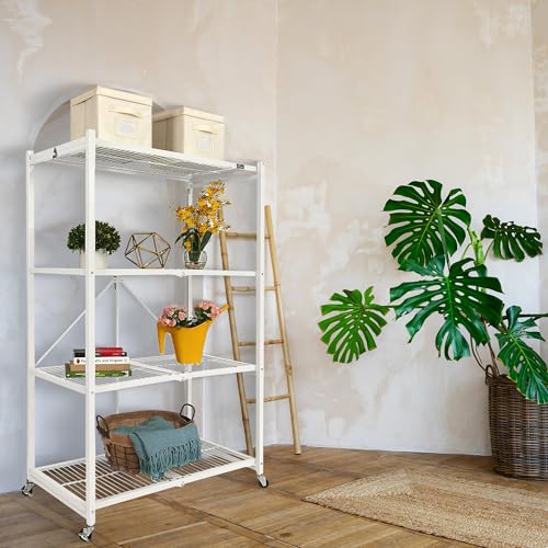 Image of Origami R5 4-Shelf Heavy-Duty Folding Storage Rack, White - Large Foldable Metal Shelving Unit with Wheels for Garage, Pantry, Basement, Laundry Room or Warehouse