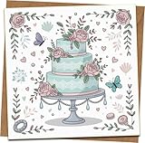 Glückwunschkarte zur Hochzeit, florales Hochzeitstorten-Design, quadratische Grußkarte, 145 mm x 145 mm, innen blanko, inklusive Kraftumschlag, für Braut und Bräutigam, Jahrestag, Verlobung