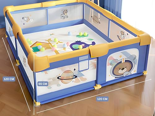 Image of Playard | Spacious Playpen for Kids up to 4 Years | Safety Lock | Thick Padding | 360 Mesh | Portable Activity Center (Space Baby Bear, Ocean Blue, 150x180 cm) | No Mat /Grip /Balls (WY)