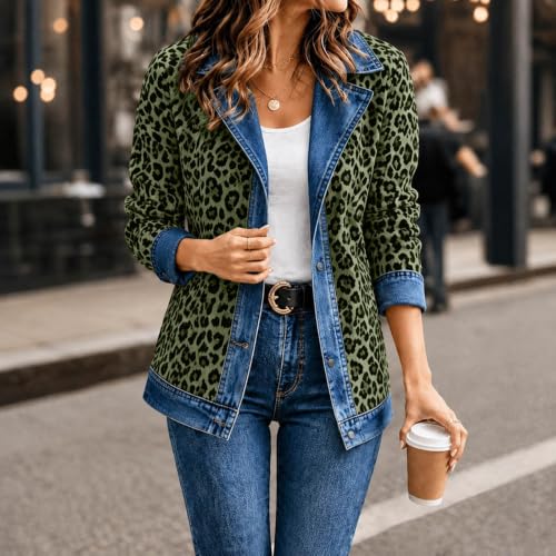 Womens Denim Jacket Leopard Jean Coat Casual Open Front Jacket Fall Clothes - image 3